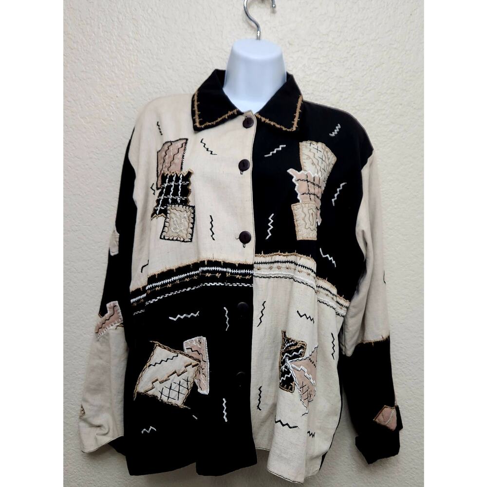 Vintage Sara Studio Black Beige Color Block Embroidered Button Top Large Soft